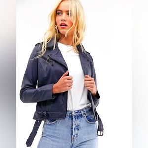 NWT Barney's Real Leather Blue Biker Jacket